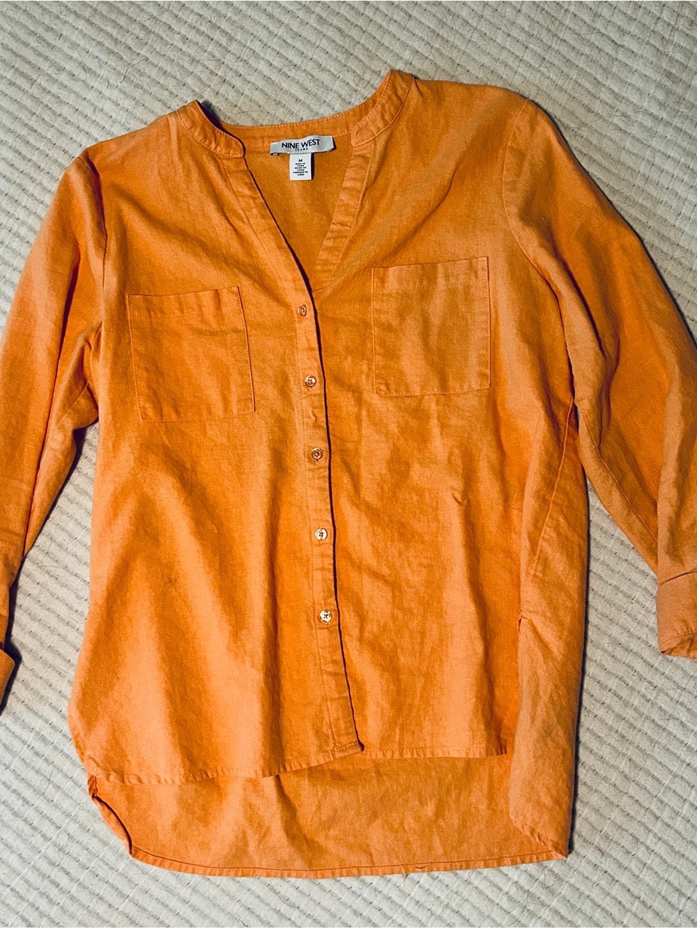 Nine West Orange Button Down Linen Cotton Blouse Cover Up